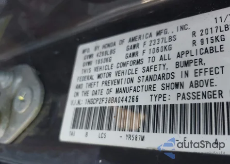 2011 Honda Accord 2.4 Lx from USA, damaged, VIN 1HGCP2F38BA044266